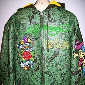 Vintage Ed Hardy by Christian Audigier mens green embossed leather hooded jacket